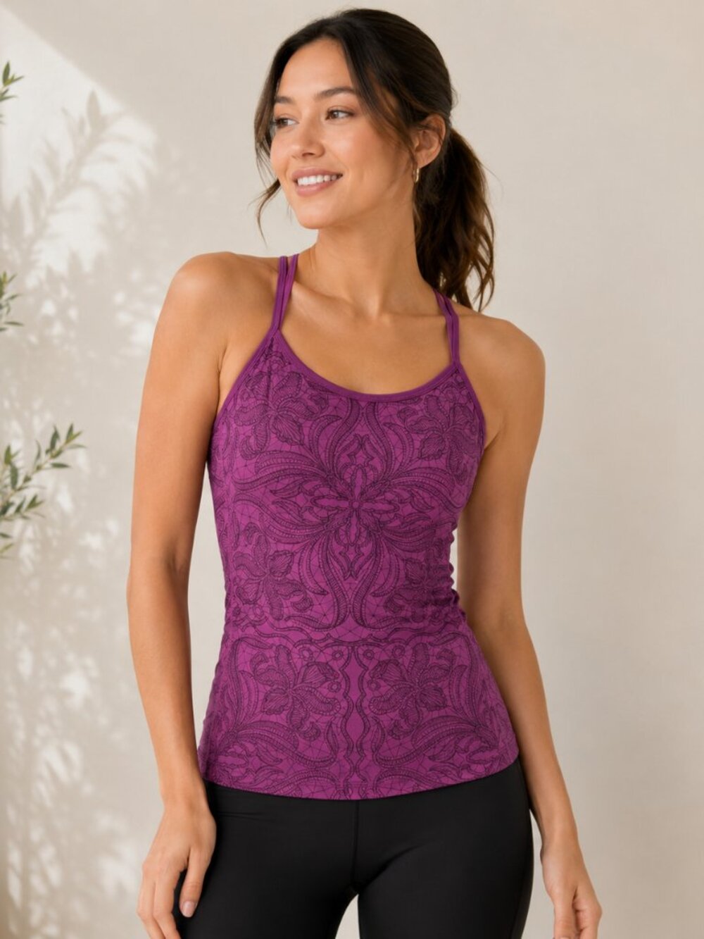 Athleta Harmonious Cami Tank Purple Mandala Print Built-In Bra Strappy Yoga XS